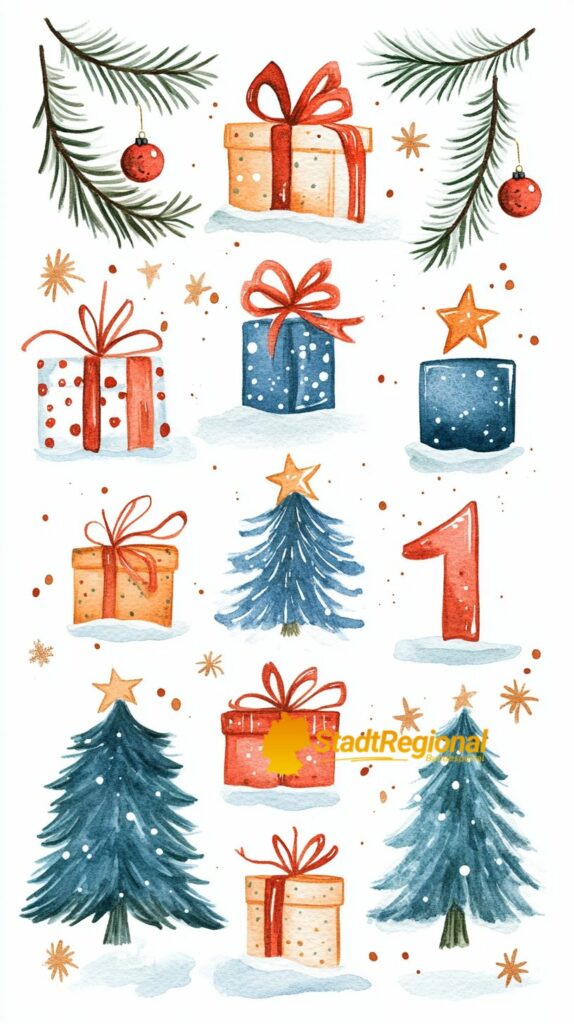 Handgemalter Aquarell-Adventskalender mit Festmotiven