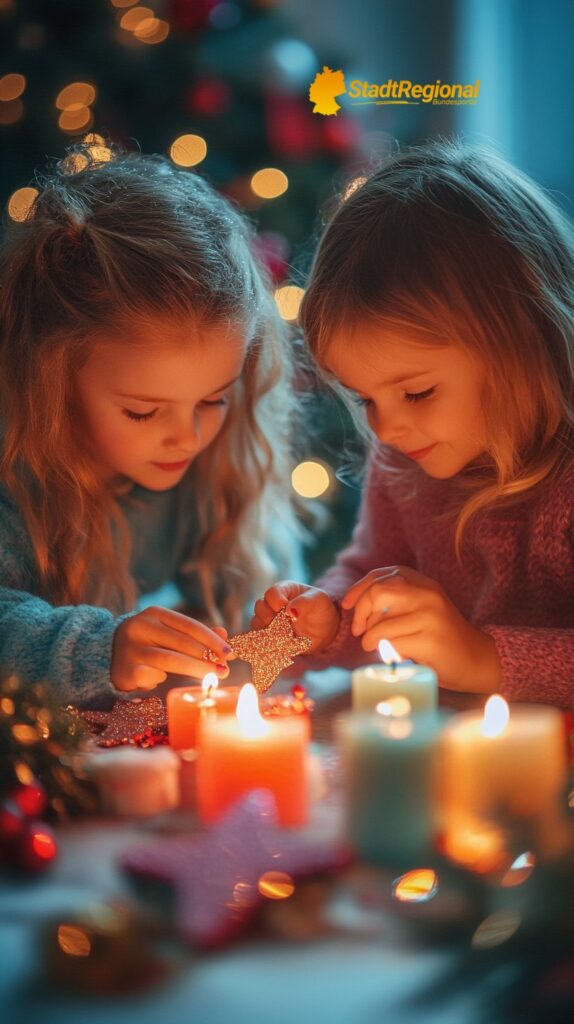 Kinder verzieren Weihnachtskerzen mit Farben und Glitzer

