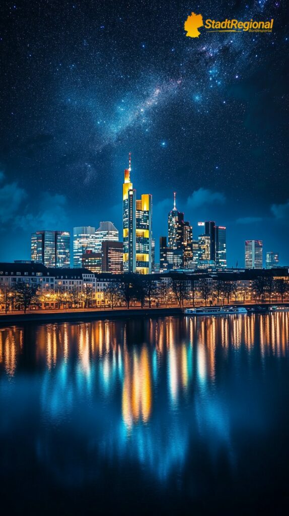 Leuchtende Skyline von Frankfurt bei Nacht, ein faszinierender Anblick.