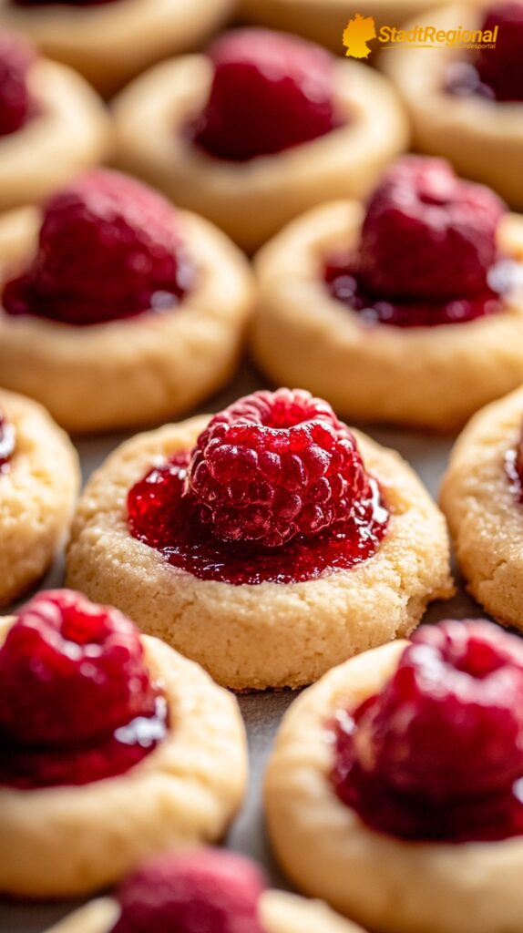 Himbeer-Daumenabdruck-Plätzchen mit roter Marmelade.