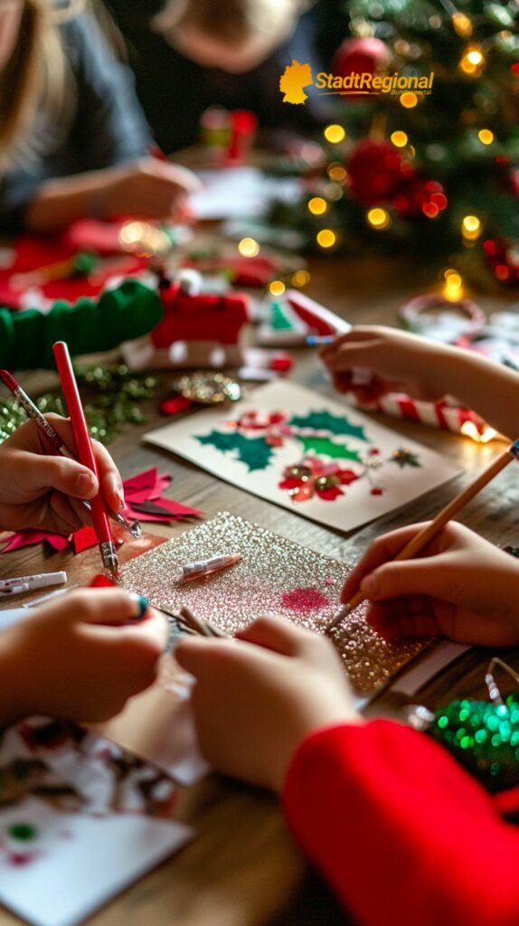 Kinder basteln bunte Weihnachtskarten mit Glitzer und Papier