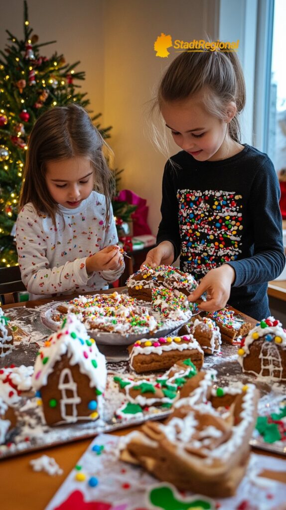 Kinder dekorieren Lebkuchenhäuser mit Süßigkeiten

