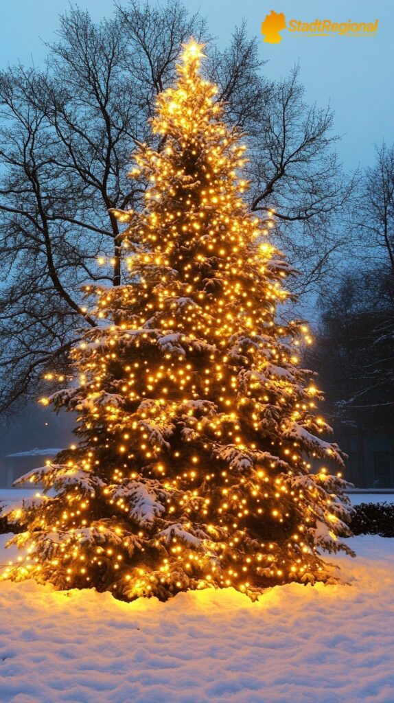 Ein Weihnachtsbaum mit warmen, funkelnden Lichterketten

