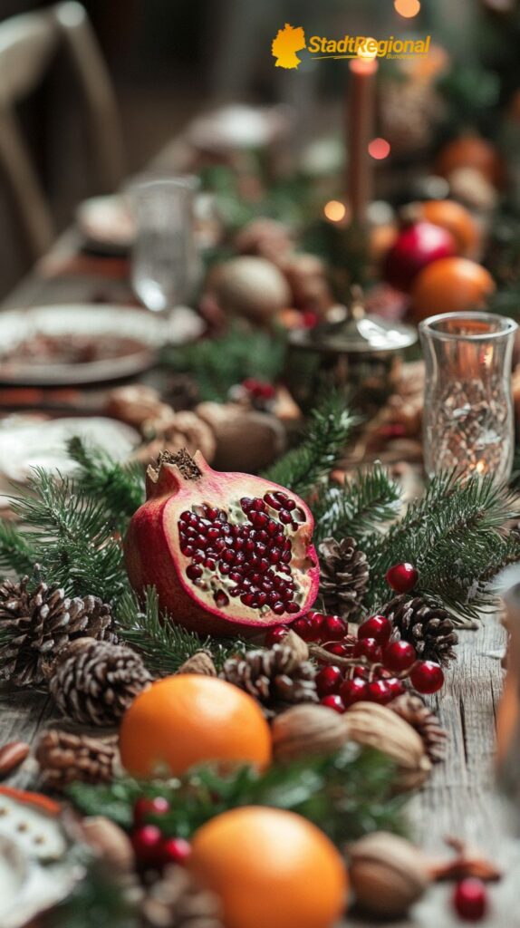 Weihnachtliche Deko mit Früchten und Nüssen.

