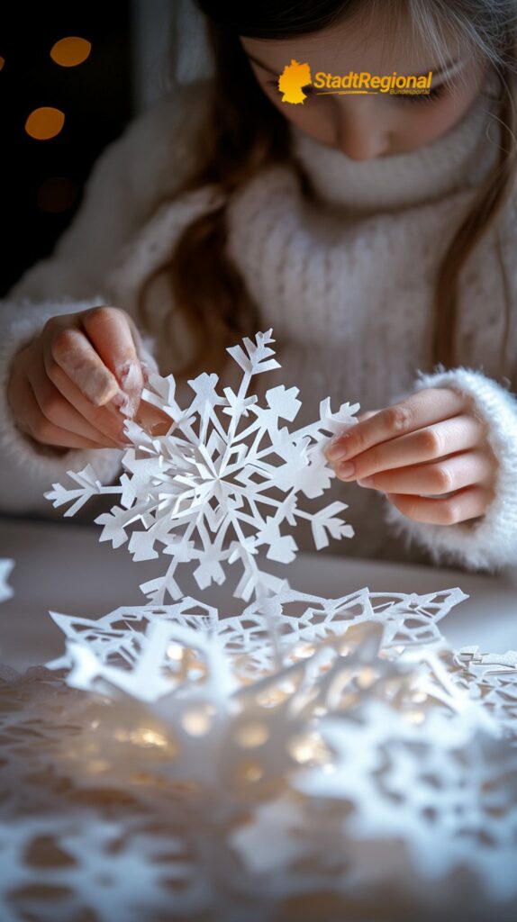 Kinder basteln Schneeflocken aus Papier für Weihnachten

