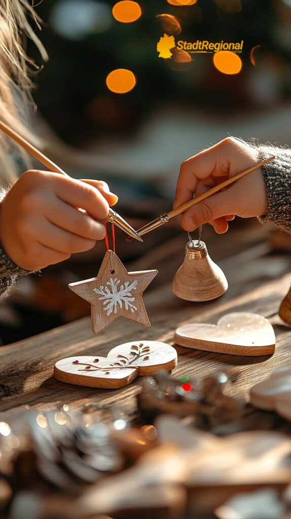 Kinder gestalten bunte Christbaumanhänger für Weihnachten

