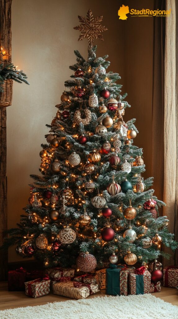 Selbstgemachte Ornamente schmücken einen Weihnachtsbaum

