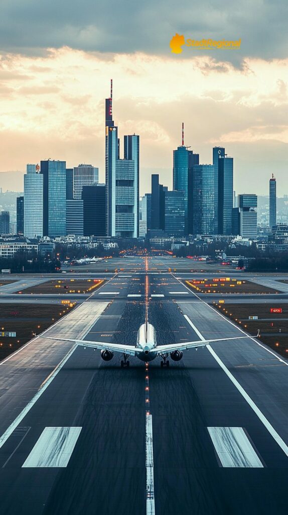 Frankfurt Skyline vom Flughafen mit Rollfeldern

