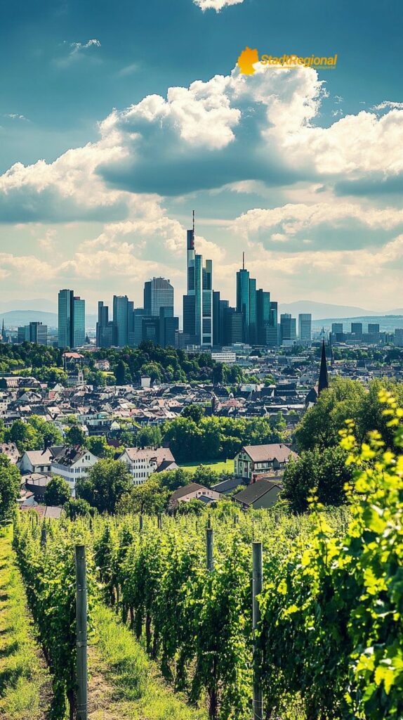 Frankfurt Skyline vom Lohrberg mit Weinbergen

