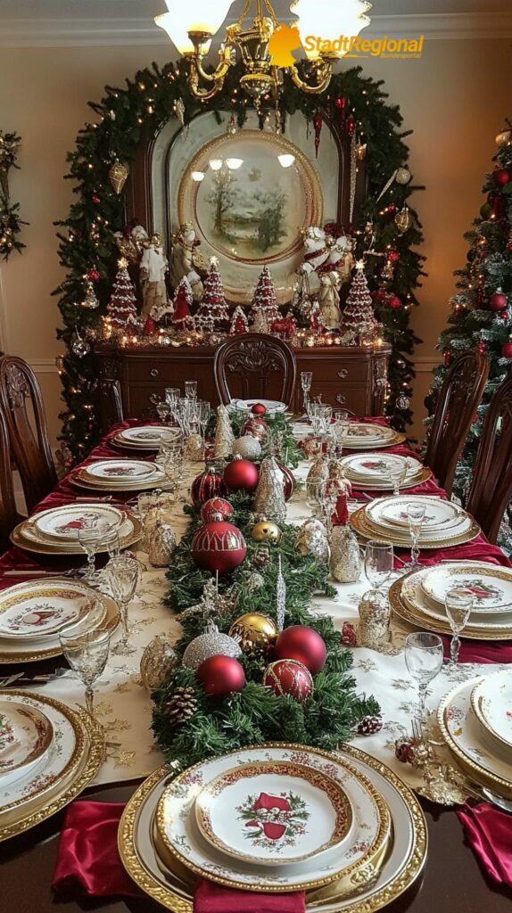 Traditionelle Tischdeko in Rot und Gold für Weihnachten.

