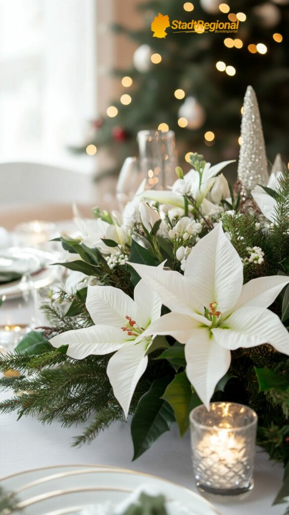 Florale Weihnachtsgestecke auf dem Tisch.

