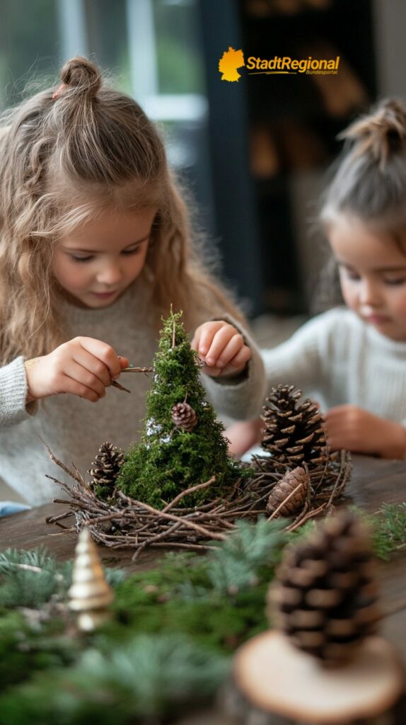 Kinder basteln Weihnachtsbäume aus Naturmaterialien

