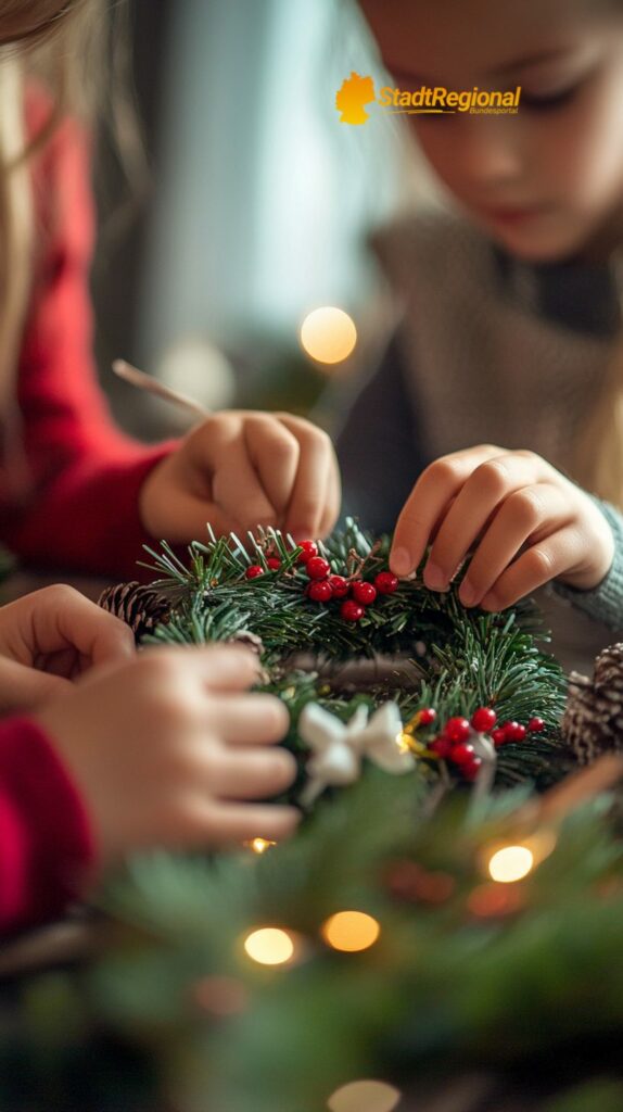 Kinder gestalten Weihnachtskränze mit Tannenzweigen

