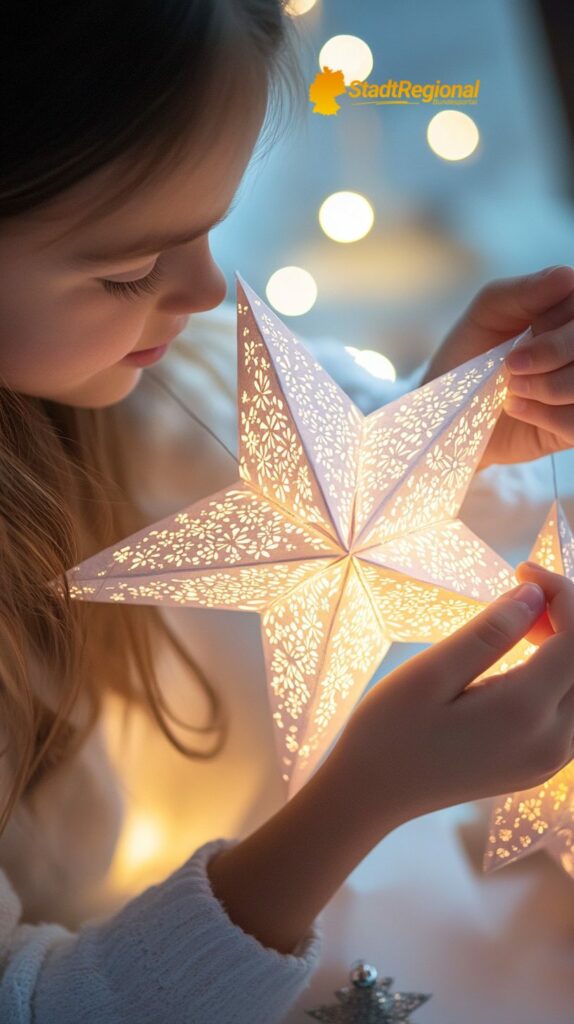 Kinder falten Weihnachtssterne aus Papier

