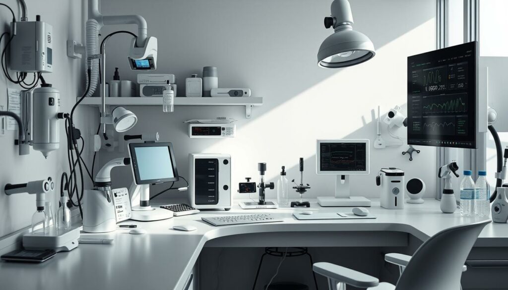 Biohacking laboratory workstation featuring an array of high-tech medical equipment, scientific instruments, and health monitoring devices. Sleek, minimalist design with clean lines and neutral tones. Soft, natural lighting illuminates the scene, casting gentle shadows and highlighting the precision of the tools. Subtle imperfections and textures add a sense of realism. The overall atmosphere conveys a blend of advanced technology and personal wellness optimization.