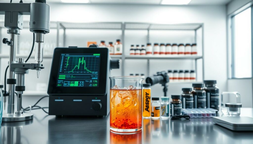 Personalized nutrition optimization showcasing a sophisticated lab setup with advanced analytical instruments. In the foreground, a glass beaker filled with a vibrant, effervescent liquid solution. Surrounding it, an array of precision pipettes, test tubes, and a high-resolution digital display providing real-time nutrient analysis. The middle ground features a sleek, minimalist workstation with a DSLR camera and various supplements neatly arranged. The background is a clean, well-lit laboratory environment, with gleaming metal shelves and clinical white walls, conveying a sense of scientific rigor and personalized health optimization.