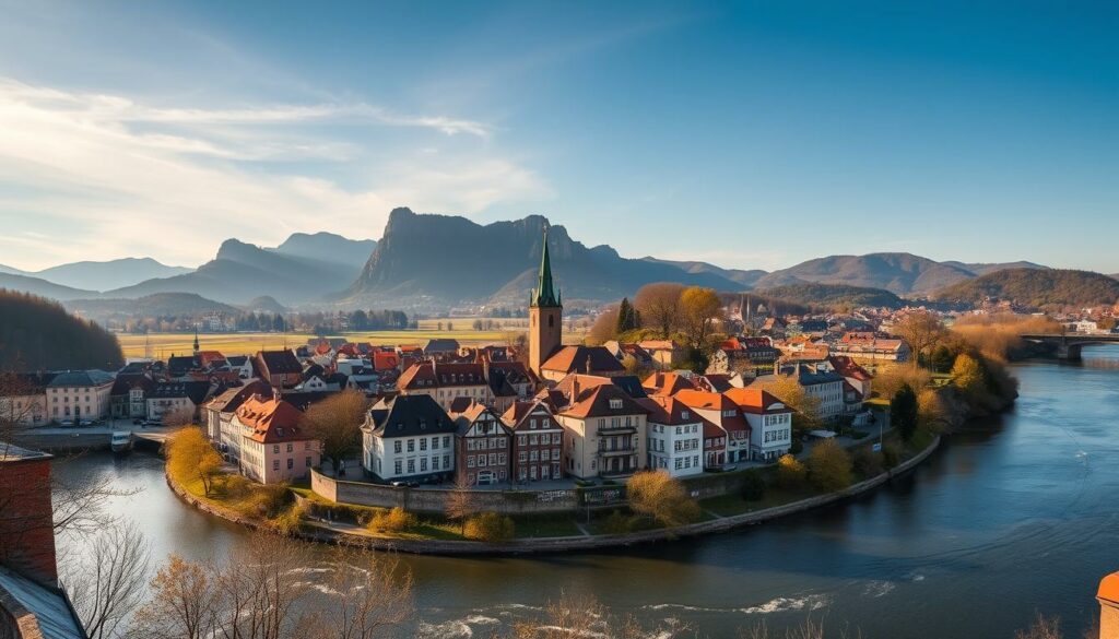 Pirna Lage an der Elbe mit Blick auf das Elbsandsteingebirge