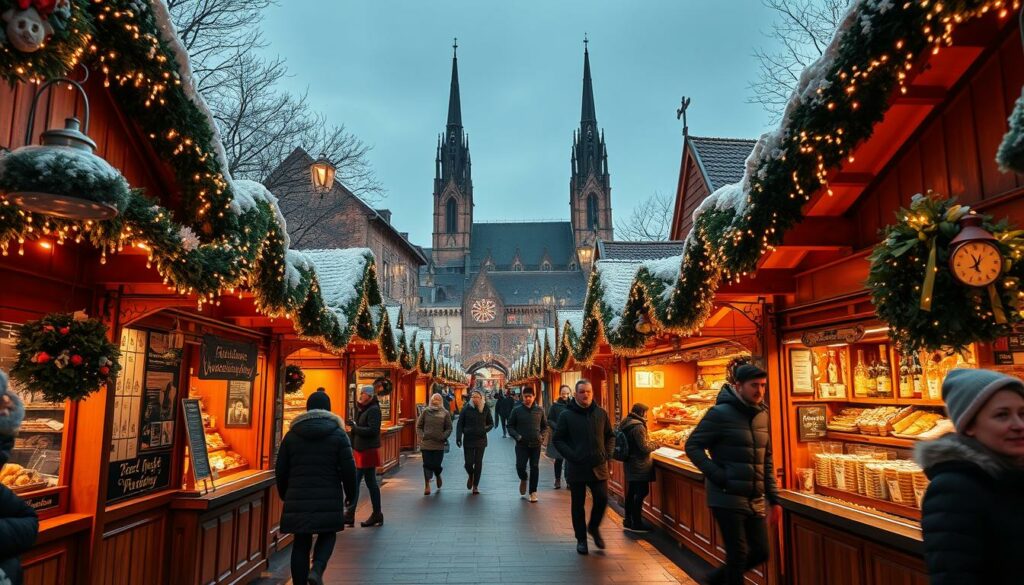 Weihnachtsmarkt in Düsseldorf Altstadt mit festlicher Beleuchtung