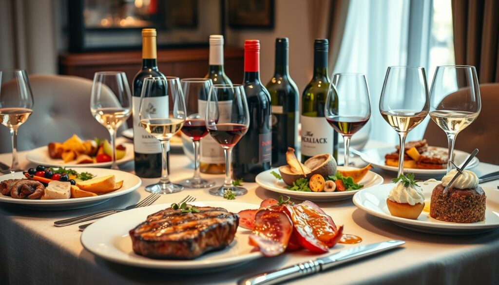 Weinkombination mit verschiedenen Speisen auf elegantem Tisch