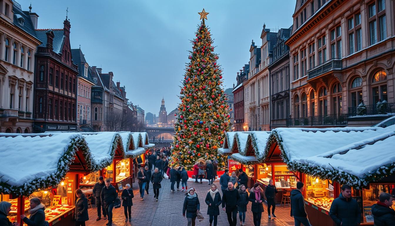 winterliches Düsseldorf mit Weihnachtsmarkt und Lichtern