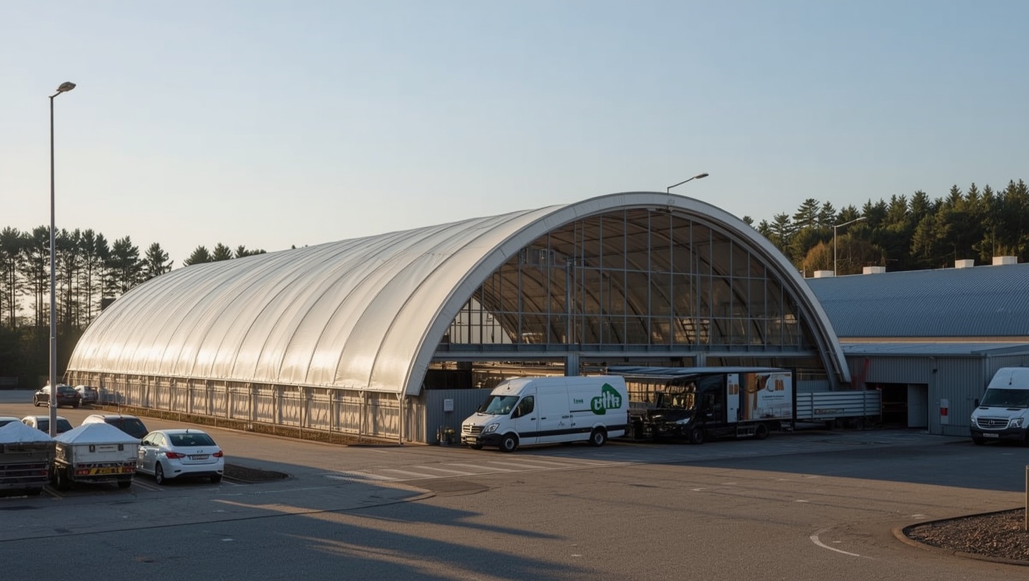Kommunale Bauhof-Anlage mit Rundbogen-Lagerhalle und Dienstfahrzeugen